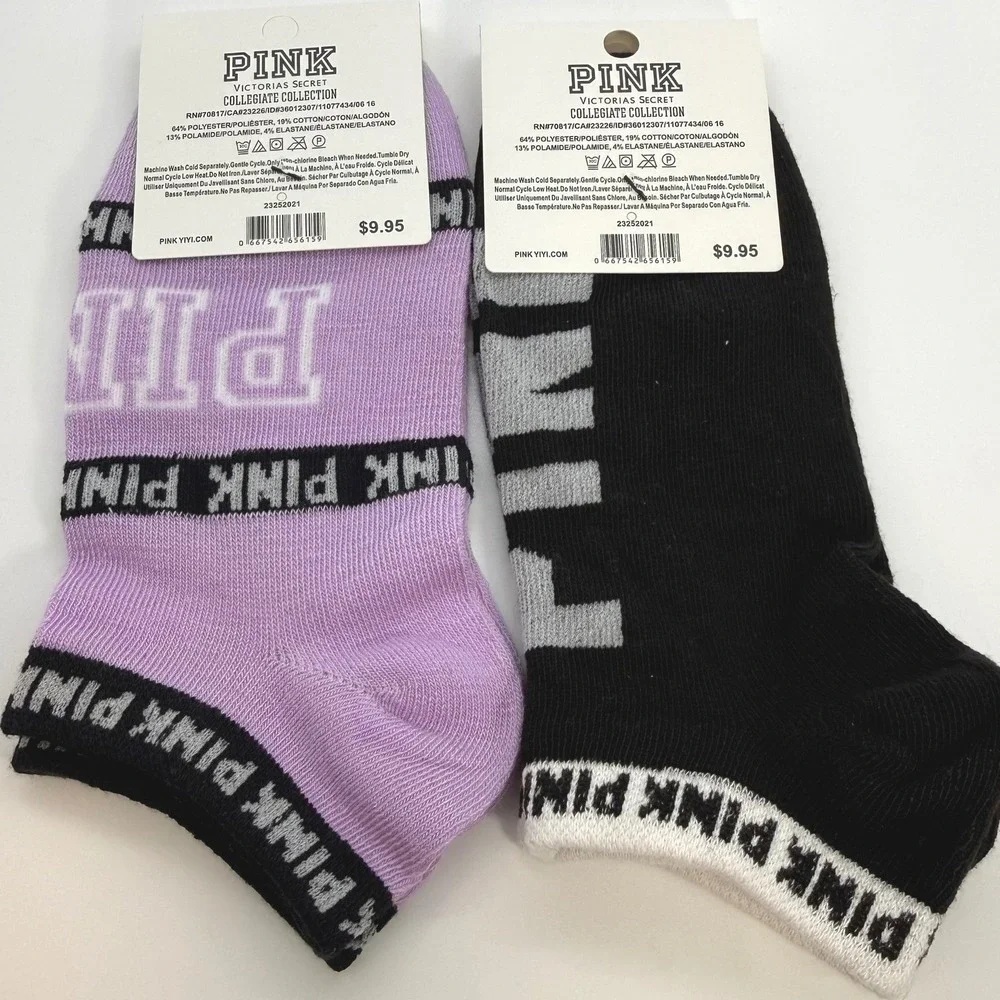 Victoria's Secret PINK Collegiate Collection Socks 2-Pack Purple & Black No Show